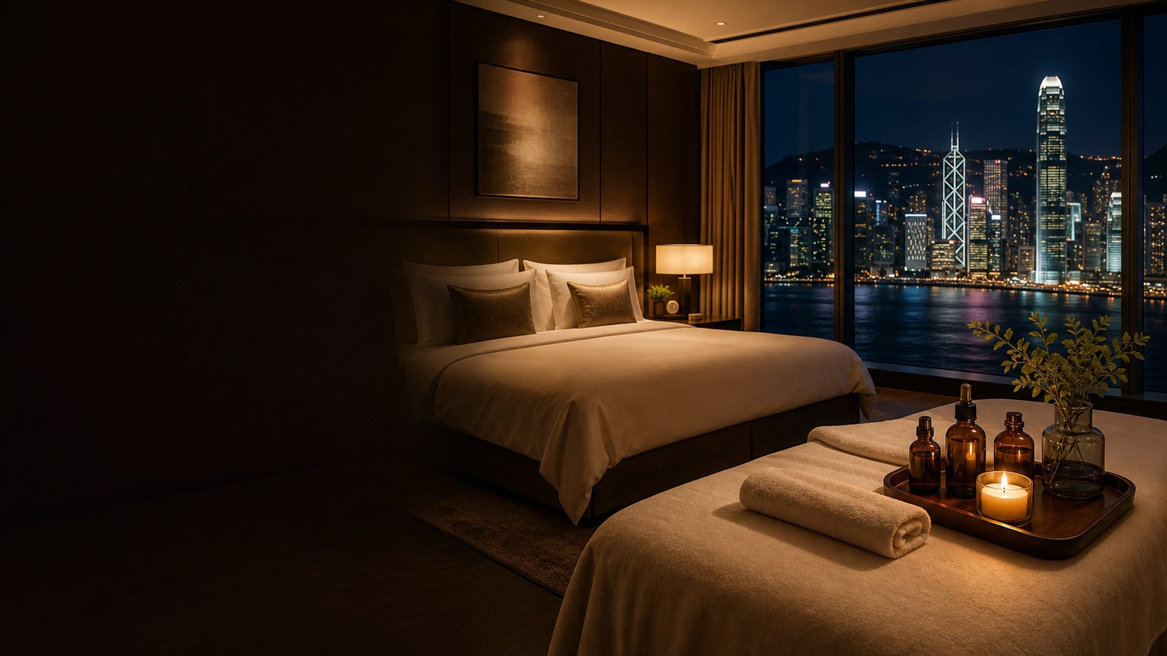 Prepared hotel room spa setting overlooking Hong Kong
