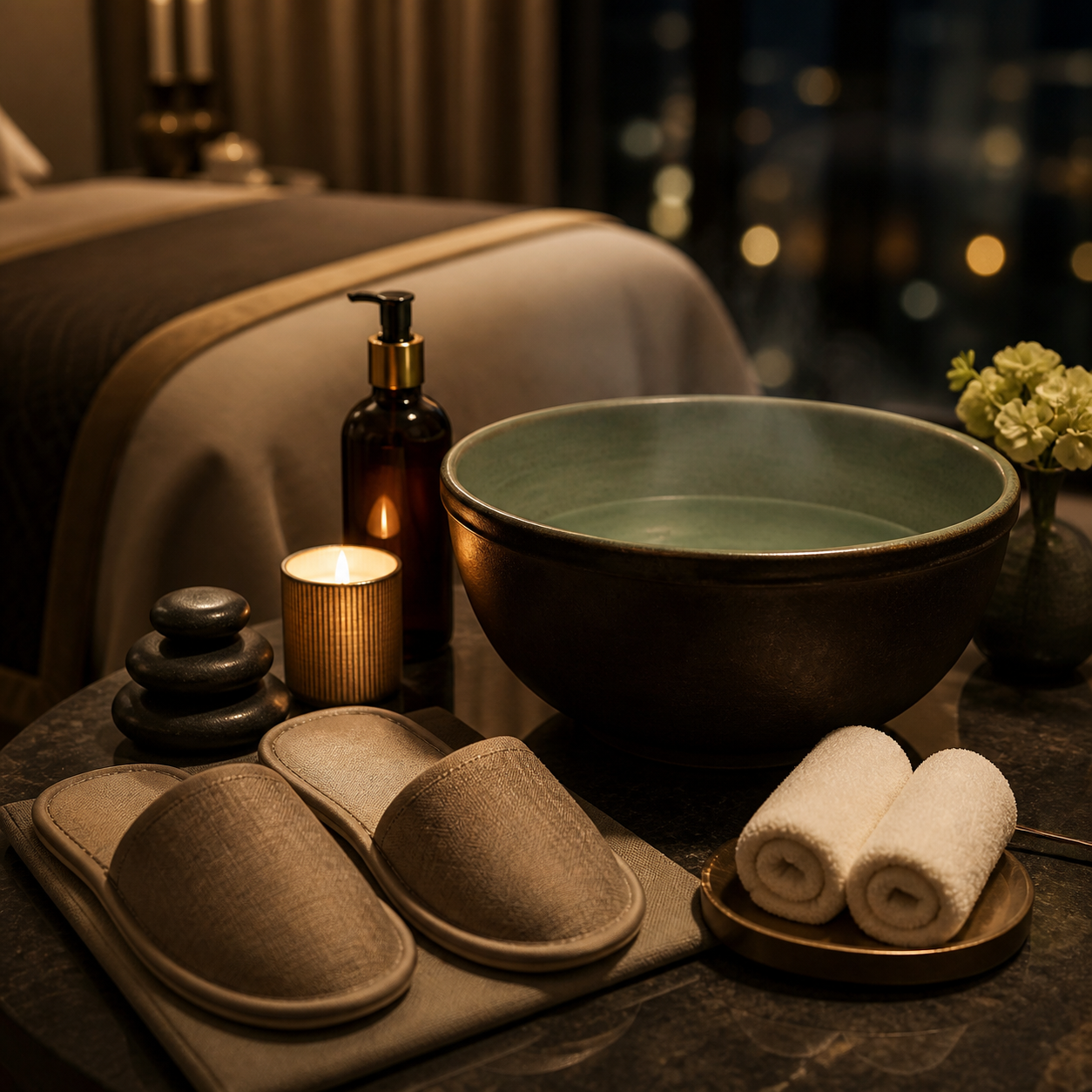 Ceramic foot bath, towels, slippers, stones, and candle