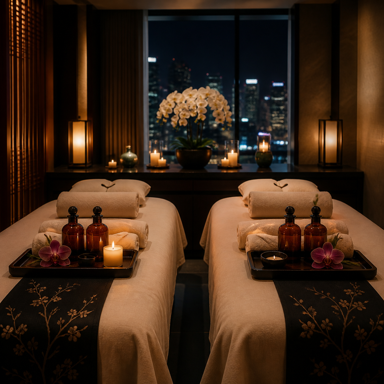 Paired towels, oils, candles, and orchids in a hotel suite