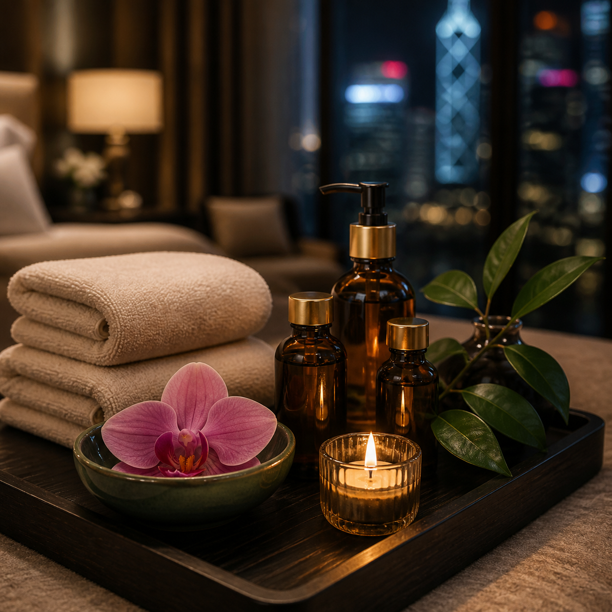 Aromatherapy oils, orchid, towels, and candle