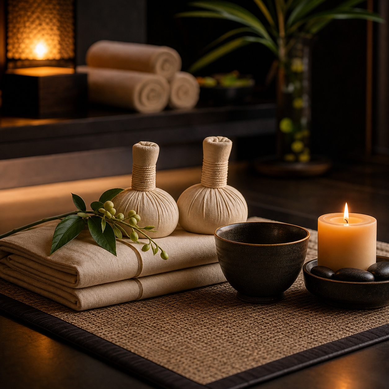 Thai wellness setup with linen and herbal compresses